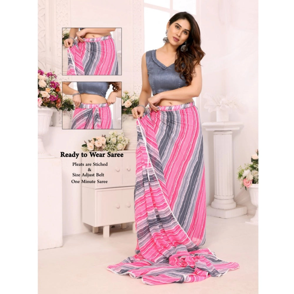 Amfyn Women's Small Lace Georgette Striped Ready-to-Wear Saree With Unstitched Blouse 5.5 Mtr (Grey)