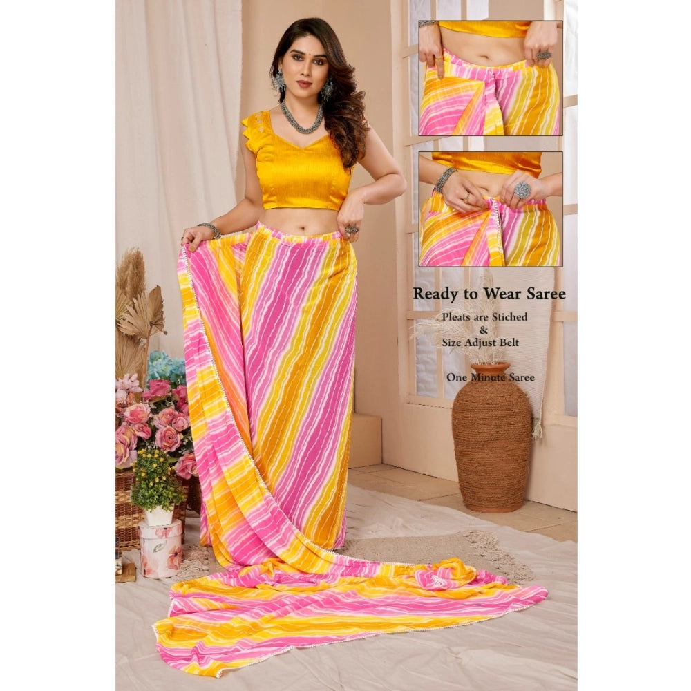 Amfyn Women's Small Lace Georgette Striped Ready-to-Wear Saree With Unstitched Blouse 5.5 Mtr (Yellow-Pink)