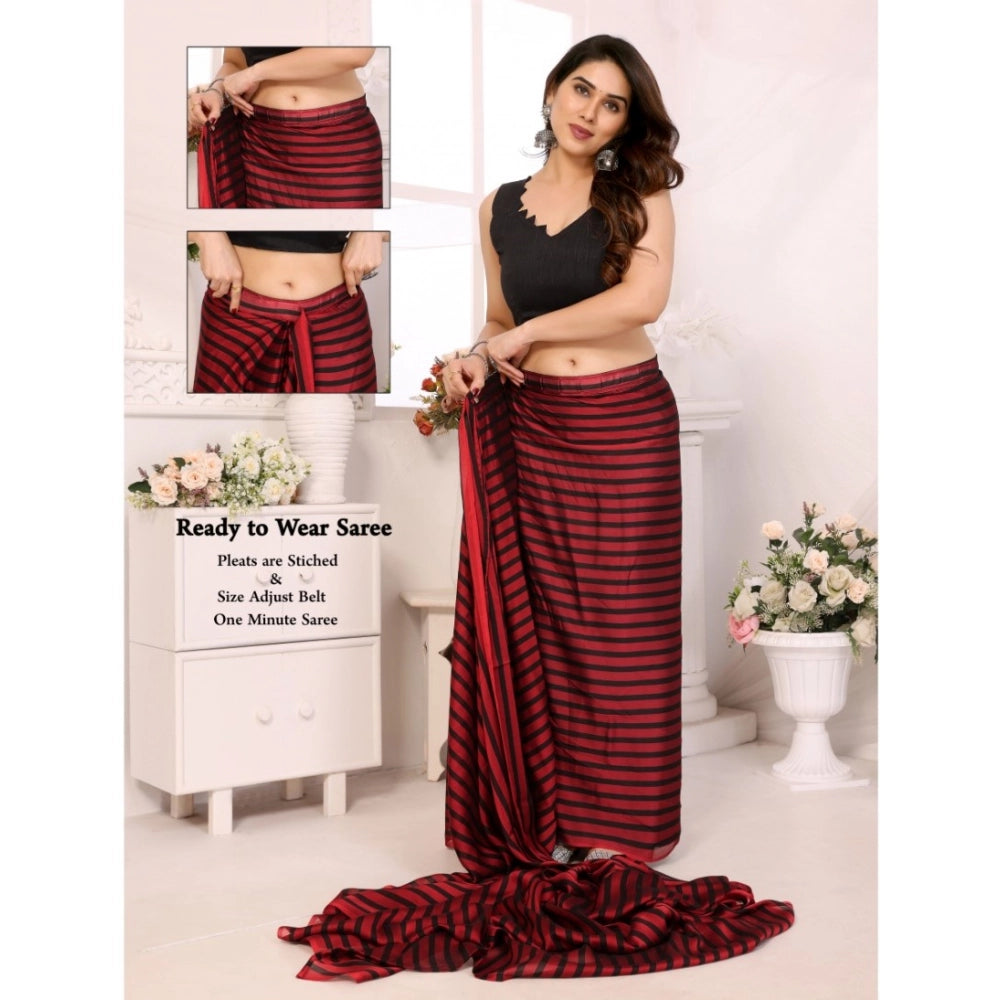 Amfyn Women's Black Berry Striped Ready-to-Wear Saree With Unstitched Blouse 5.5 Mtr (Red-Black)