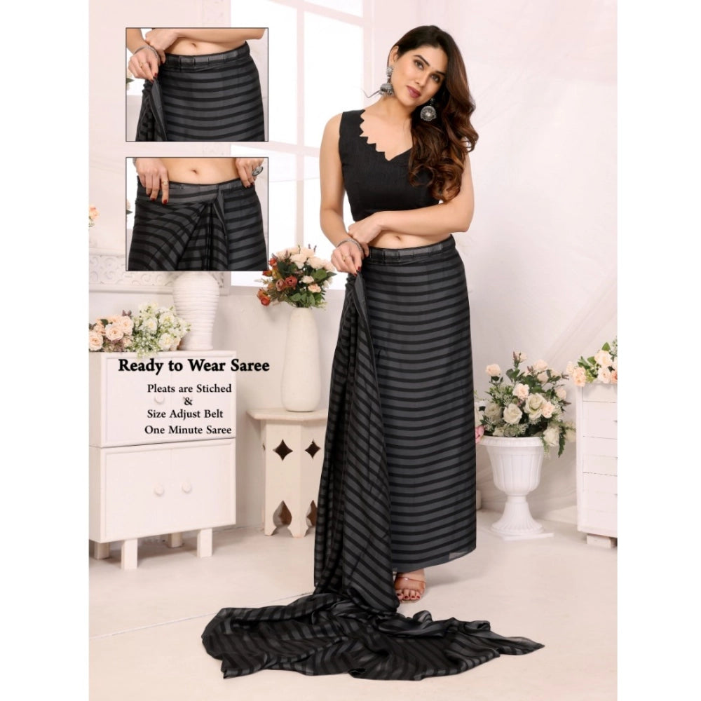Amfyn Women's Black Berry Striped Ready-to-Wear Saree With Unstitched Blouse 5.5 Mtr (Grey-Black)