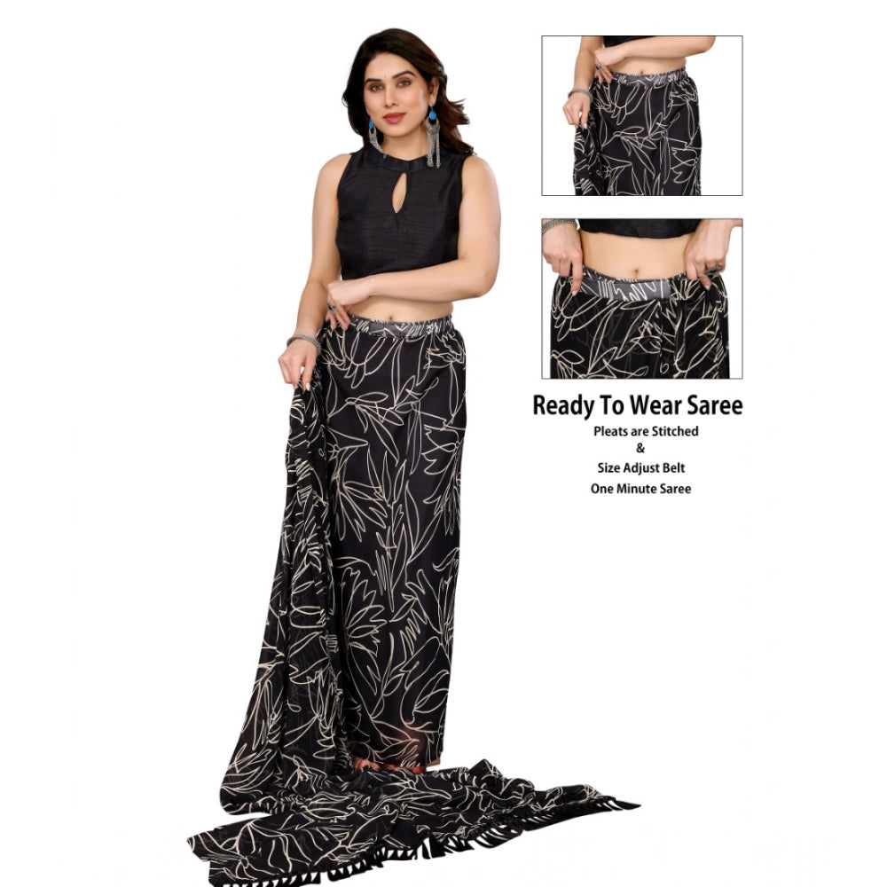 Amfyn Women's Zalar Lace Georgette Printed Ready-to-Wear Saree With Unstitched Blouse 5.5 Mtr (Black)