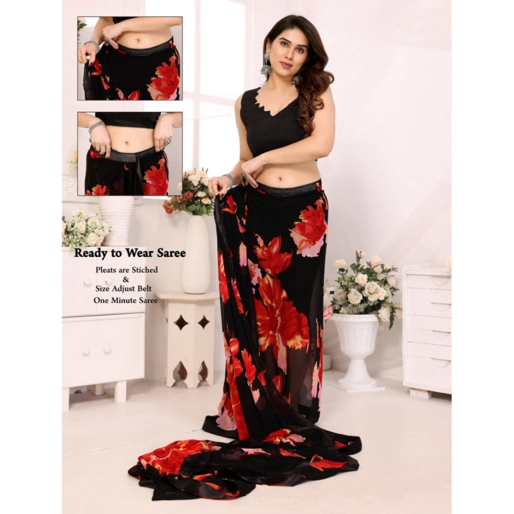 Amfyn Women's Small Lace Georgette Printed Ready-to-Wear Saree With Unstitched Blouse 5.5 Mtr (Black-Red)