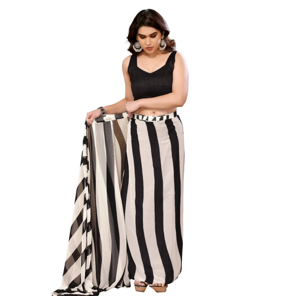 Amfyn Women's Small Lace Georgette Striped Ready-to-Wear Saree With Unstitched Blouse 5.5 Mtr (Black-White)