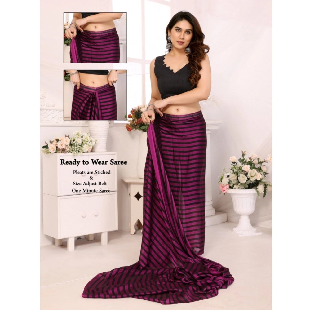 Amfyn Women's Black Berry Striped Ready-to-Wear Saree With Unstitched Blouse 5.5 Mtr (Purple-Black)