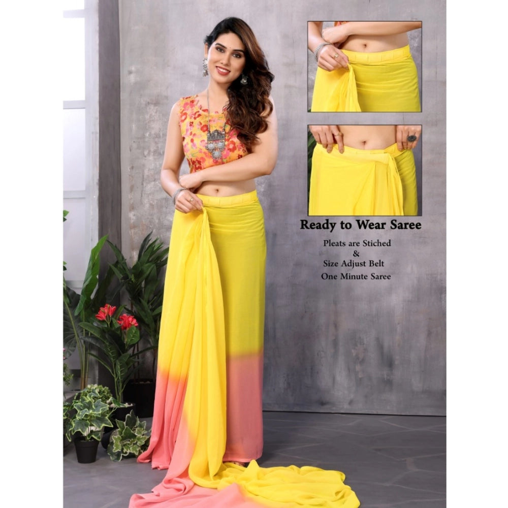 Amfyn Women's Small Lace Georgette Solid Ready-to-Wear Saree With Unstitched Blouse 5.5 Mtr (Pink-Yellow)
