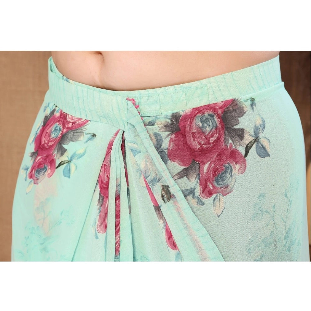 Amfyn Women's Small Lace Georgette Printed Ready-to-Wear Saree With Unstitched Blouse 5.5 Mtr (Turquoise)