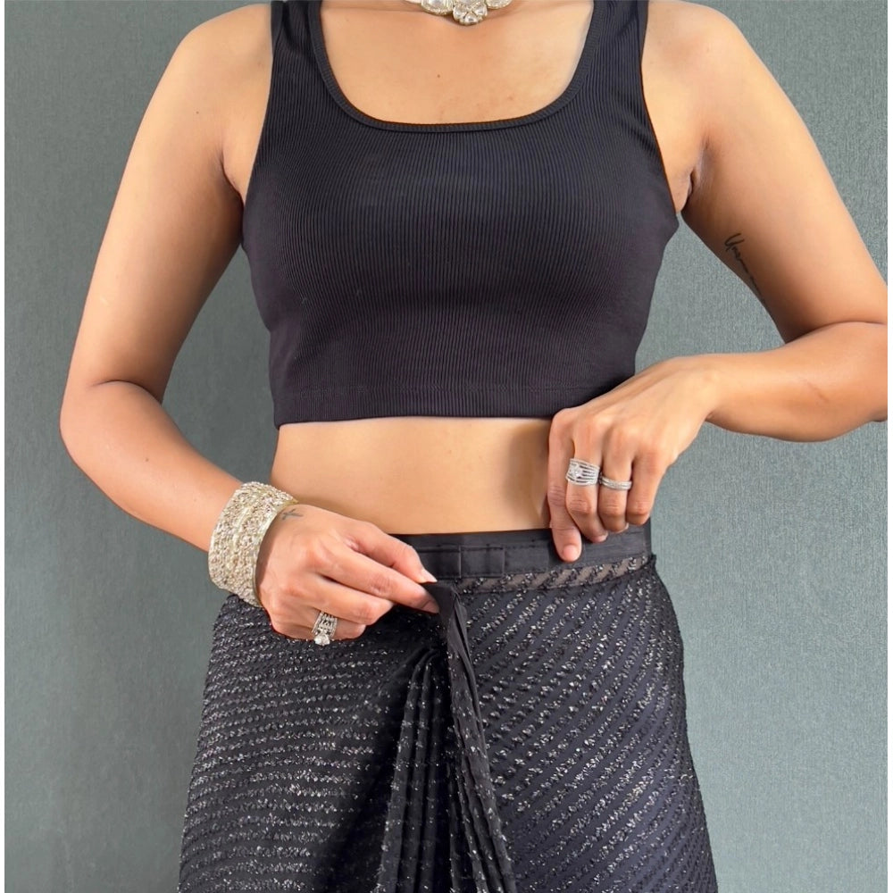 Amfyn Women's Chiffon Solid Ready to wear Saree With Unstitched Blouse 5.5 Mtr (Black )