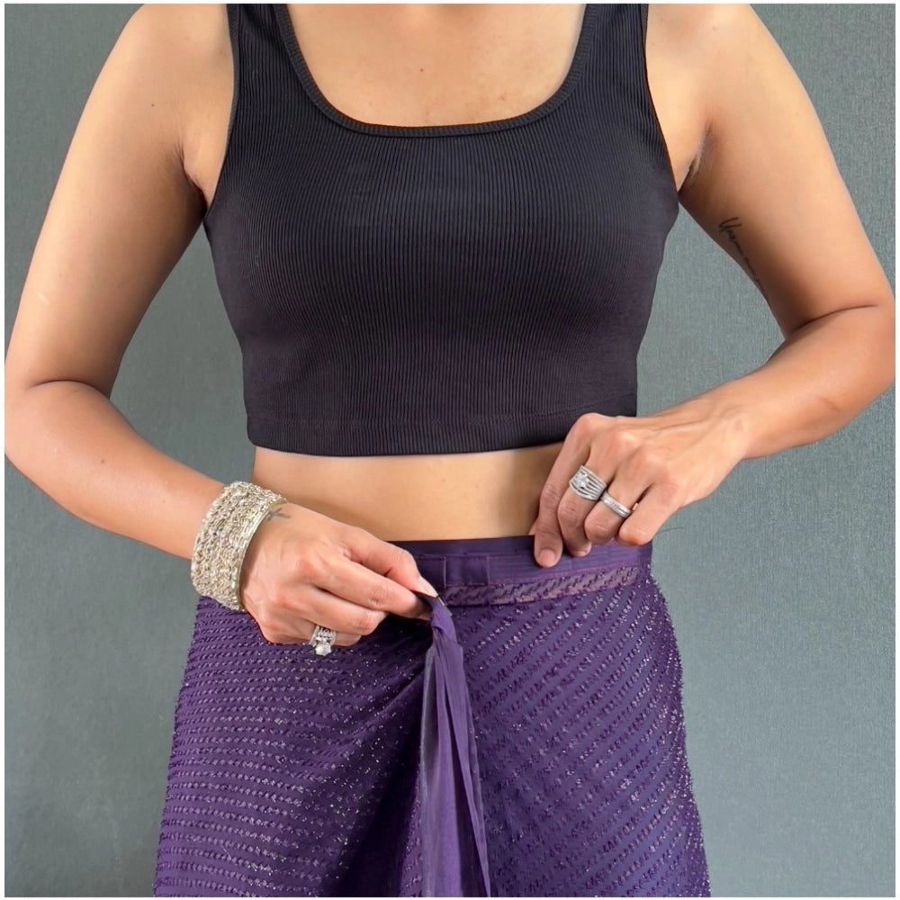 Amfyn Women's Chiffon Solid Ready to wear Saree With Unstitched Blouse 5.5 Mtr (Purple)