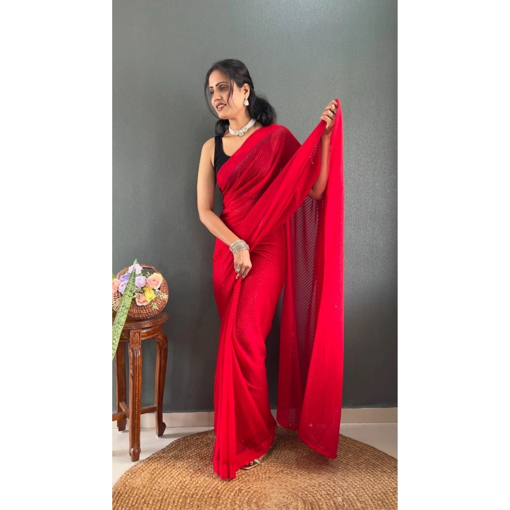 Amfyn Women's Chiffon Solid Ready to wear Saree With Unstitched Blouse 5.5 Mtr (Red)