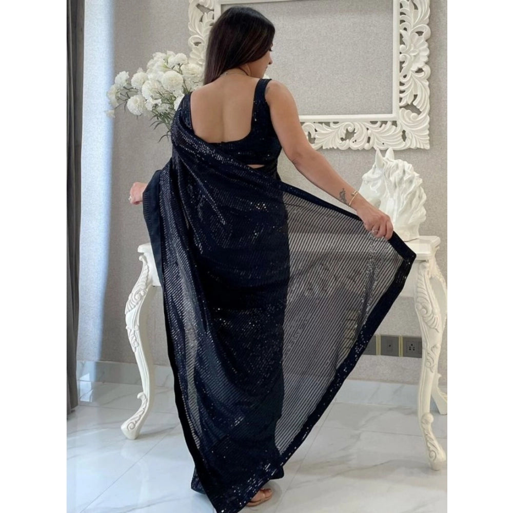 Amfyn Women's Georgette Embellished Sequnece Bollywood Saree With Unstitched Blouse 5.5Mtr (Black)