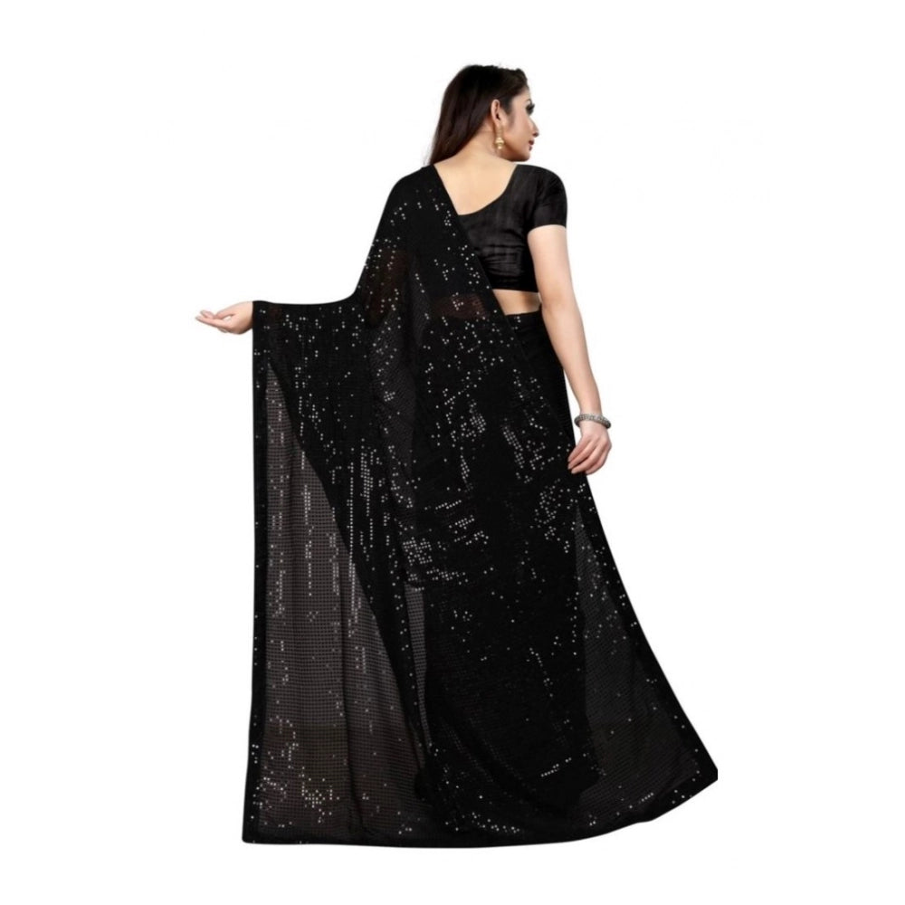 Amfyn Women's Georgette Embellished Sequnece Bollywood Saree With Unstitched Blouse 5.5Mtr (Black)