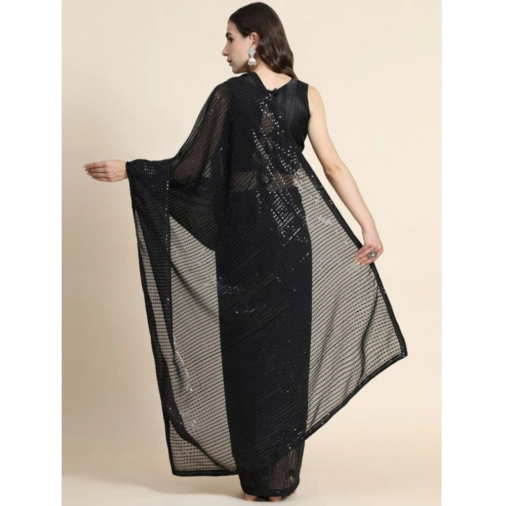 Amfyn Women's Georgette Embellished Sequnece Bollywood Saree With Unstitched Blouse 5.5Mtr (Black)