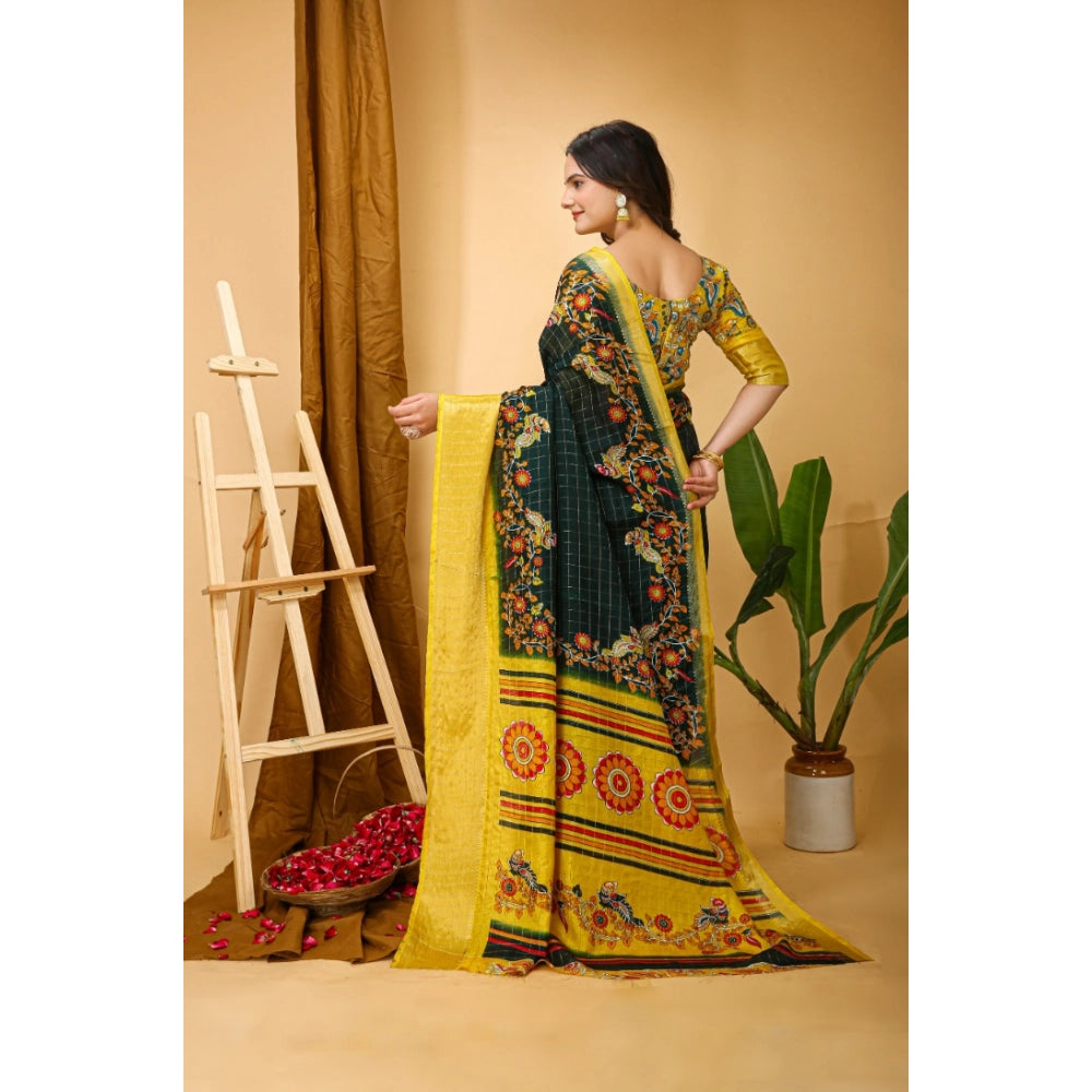 Amfyn Women's Soft Dola Cotton Kalamkari Printed Saree With Unstitched Blouse 5.5Mtr (Green)