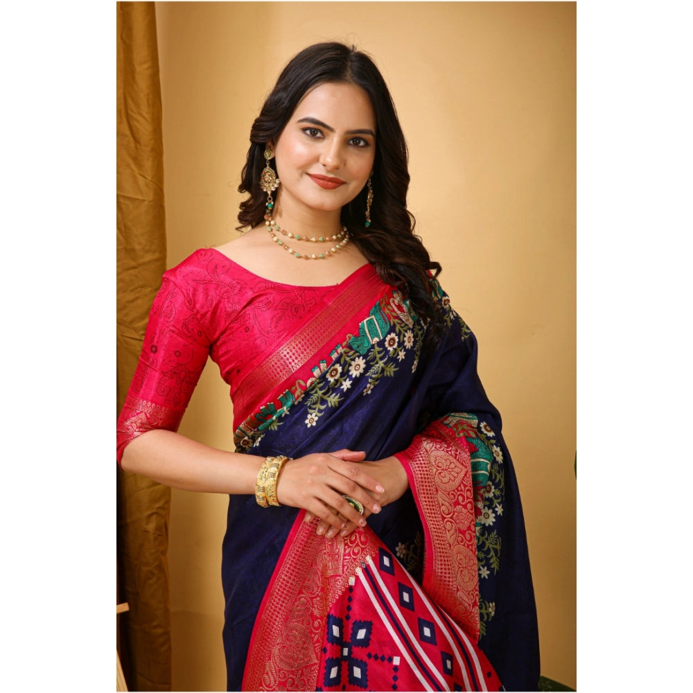 Amfyn Women's Soft Dola Cotton Kalamkari Printed Saree With Unstitched Blouse 5.5Mtr (Navy Blue)