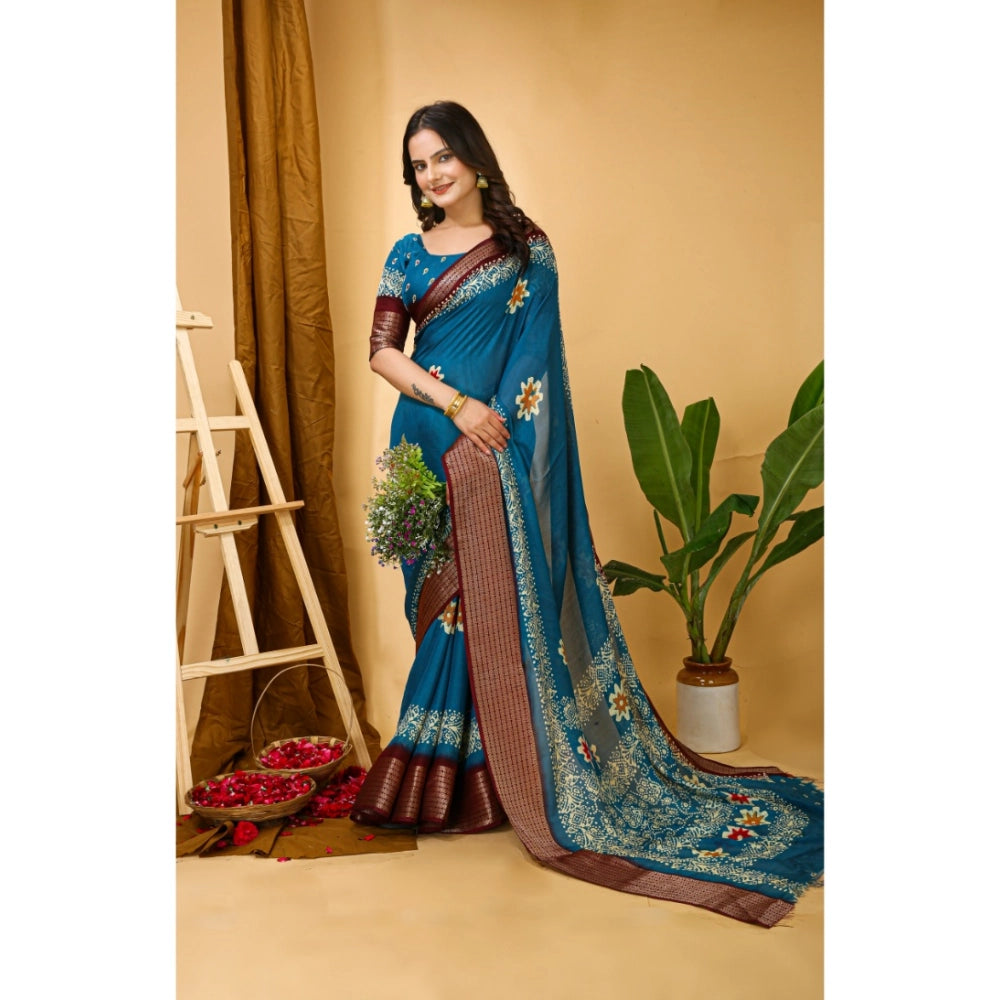 Amfyn Women's Soft Blooming Marshmallow Fabric Kalamkari Printed Saree With Unstitched Blouse 5.5Mtr (Blue)