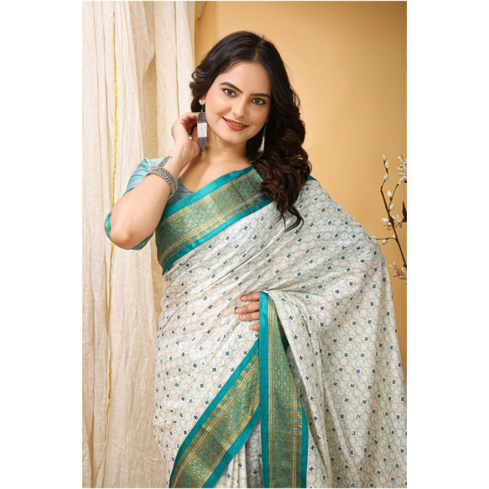 Amfyn Women's Soft Cotton Silk Printed Saree With Unstitched Blouse 5.5Mtr (Rama Green)
