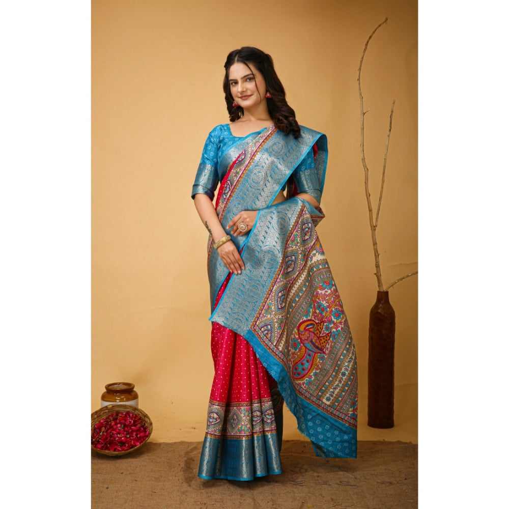 Amfyn Women's Soft Dola Cotton Kalamkari Printed Saree With Unstitched Blouse 5.5Mtr (Pink)