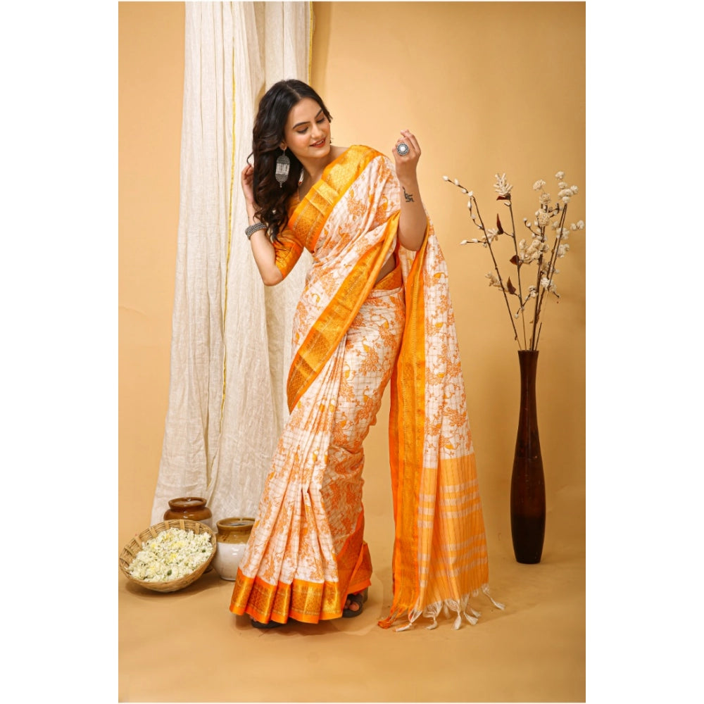 Amfyn Women's Soft Cotton Silk Printed Saree With Unstitched Blouse 5.5Mtr (Yellow)