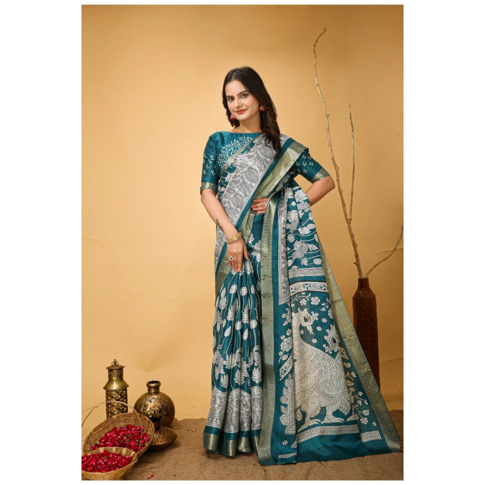 Amfyn Women's Soft Handloom Cotton Kalamkari Printed Saree With Unstitched Blouse 5.5Mtr (Turquoise)