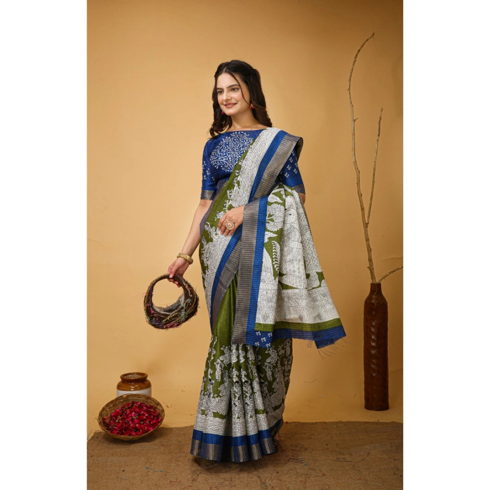 Amfyn Women's Soft Handloom Cotton Kalamkari Printed Saree With Unstitched Blouse 5.5Mtr (Mehendi)