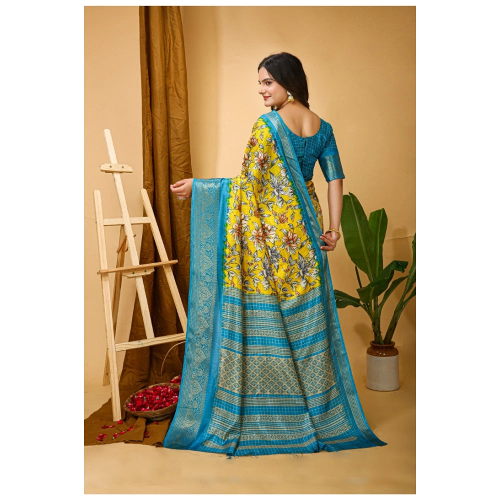 Amfyn Women's Soft Dola Cotton Kalamkari Printed Saree With Unstitched Blouse 5.5Mtr (Yellow)