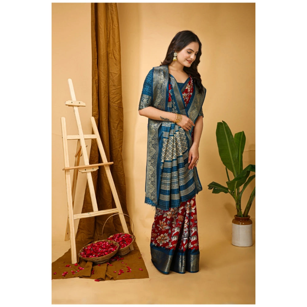 Amfyn Women's Soft Dola Cotton Kalamkari Printed Saree With Unstitched Blouse 5.5Mtr (Red)