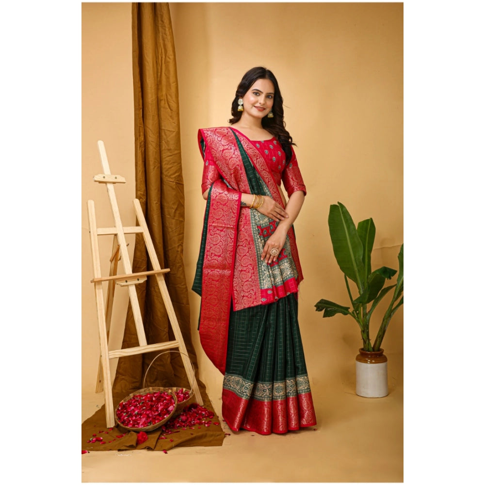 Amfyn Women's Soft Dola Cotton Kalamkari Printed Saree With Unstitched Blouse 5.5Mtr (B.Green)