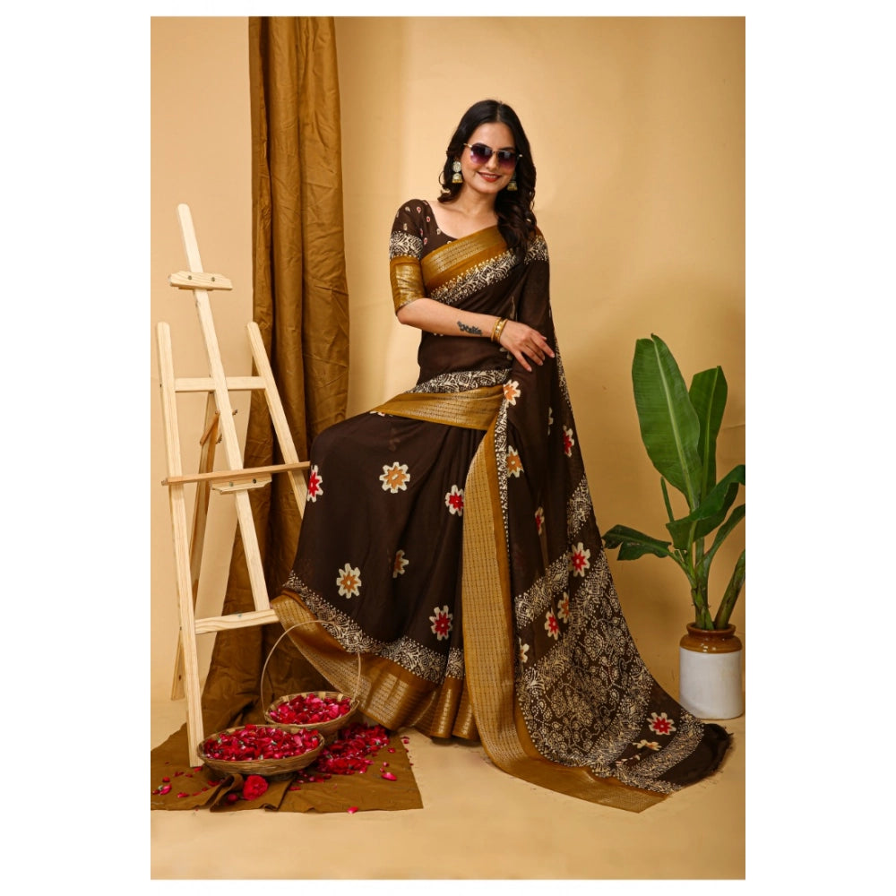 Amfyn Women's Soft Blooming Marshmallow Fabric Kalamkari Printed Saree With Unstitched Blouse 5.5Mtr (Brown)
