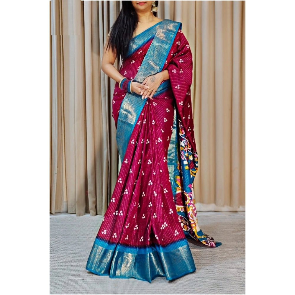 Amfyn Women's Soft Dola Cotton Kalamkari Printed Saree With Unstitched Blouse 5.5Mtr (Wine)