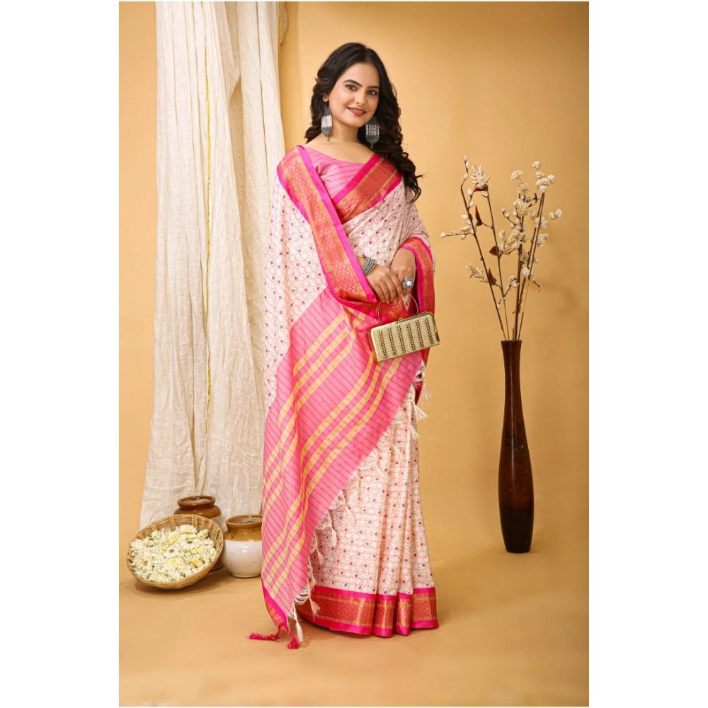 Amfyn Women's Soft Cotton Silk Printed Saree With Unstitched Blouse 5.5Mtr (Pink)