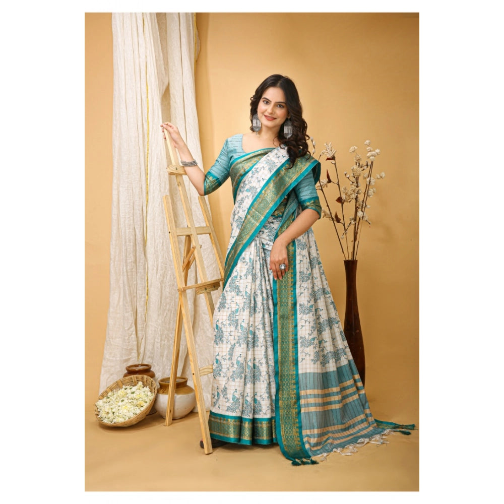 Amfyn Women's Soft Cotton Silk Printed Saree With Unstitched Blouse 5.5Mtr (Turquoise)