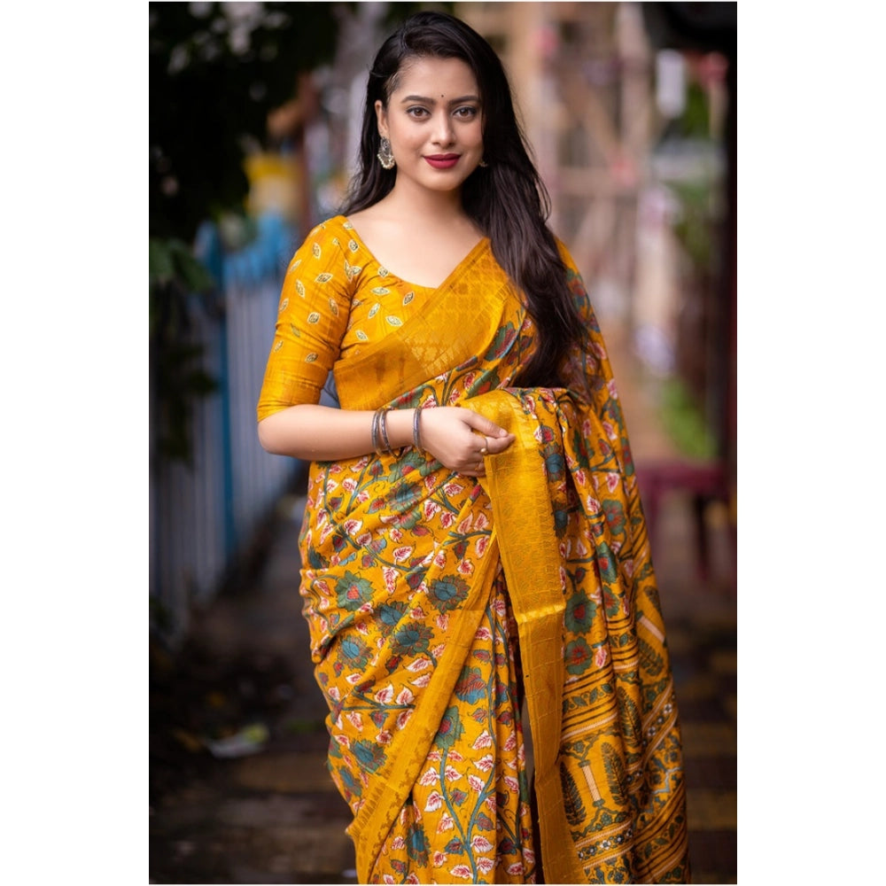 Amfyn Women's Soft Dola Cotton Kalamkari Printed Saree With Unstitched Blouse 5.5Mtr (Yellow)