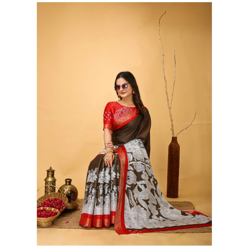 Amfyn Women's Soft Handloom Cotton Kalamkari Printed Saree With Unstitched Blouse 5.5Mtr (Brown)