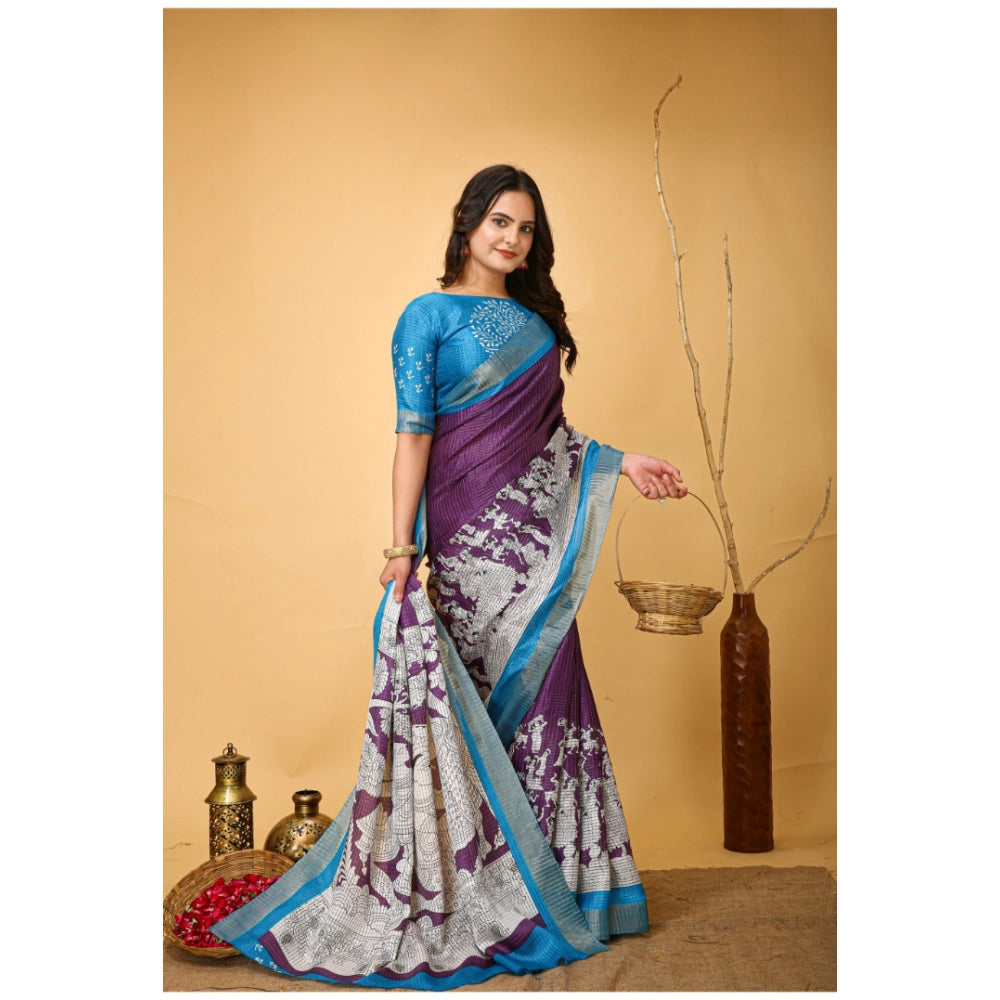 Amfyn Women's Soft Handloom Cotton Kalamkari Printed Saree With Unstitched Blouse 5.5Mtr (Purple)