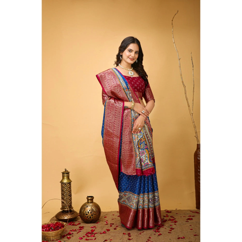 Amfyn Women's Soft Dola Cotton Kalamkari Printed Saree With Unstitched Blouse 5.5Mtr (Blue)