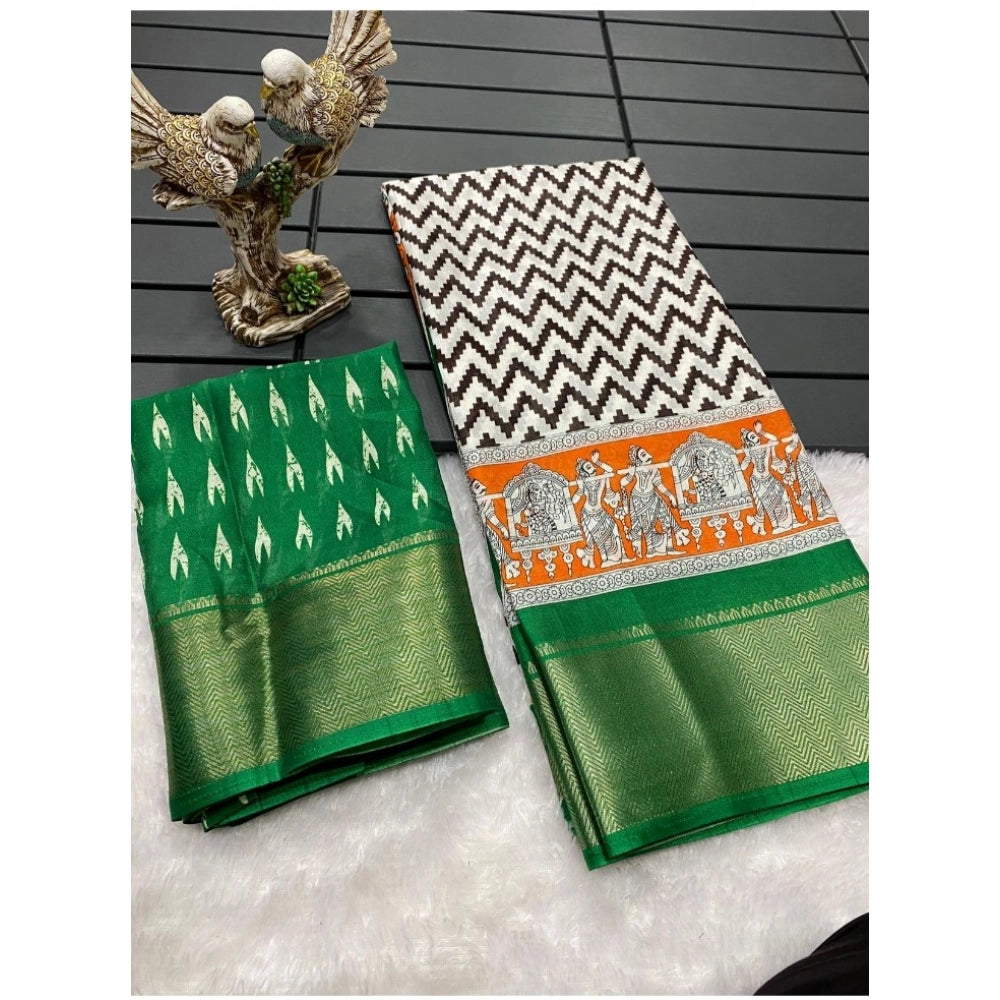 Amfyn Women's Soft Dola Cotton Kalamkari Printed Saree With Unstitched Blouse 5.5Mtr (Green)