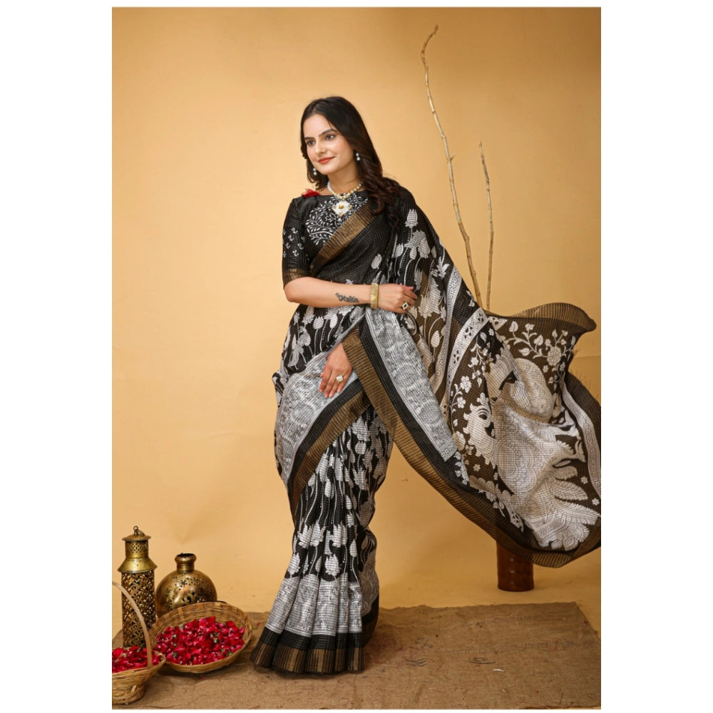Amfyn Women's Soft Handloom Cotton Kalamkari Printed Saree With Unstitched Blouse 5.5Mtr (Black)