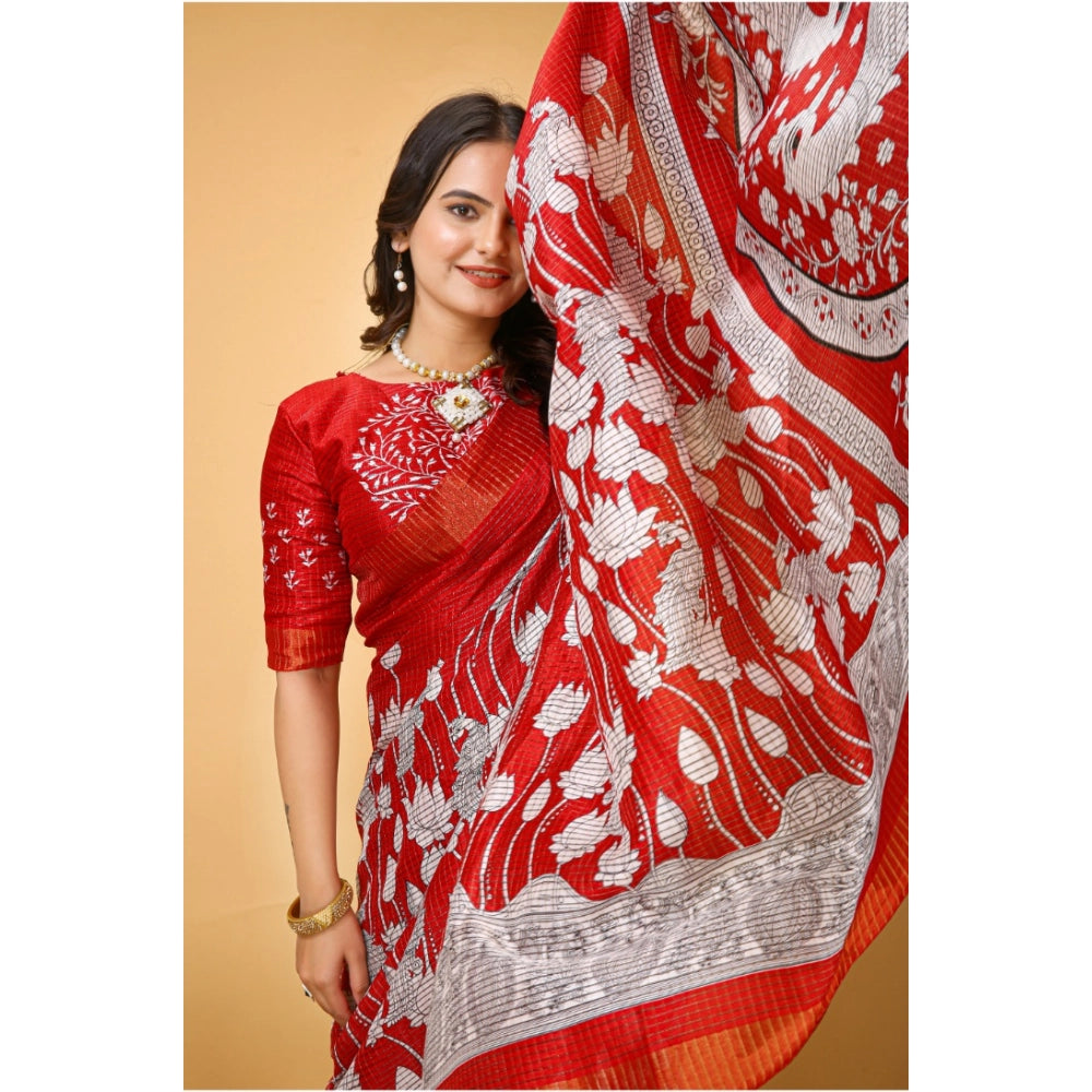 Amfyn Women's Soft Handloom Cotton Kalamkari Printed Saree With Unstitched Blouse 5.5Mtr (Red)