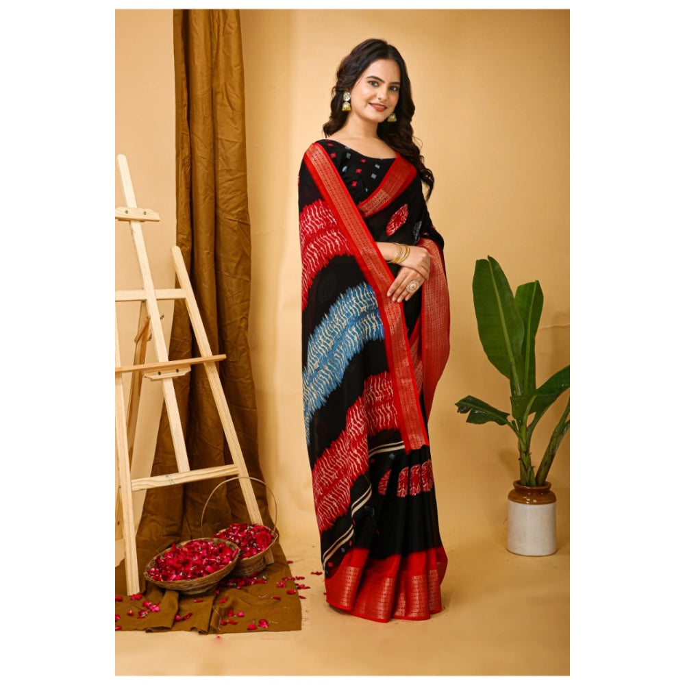 Amfyn Women's Soft Blooming Marshmallow Fabric Kalamkari Printed Saree With Unstitched Blouse 5.5Mtr (Black)