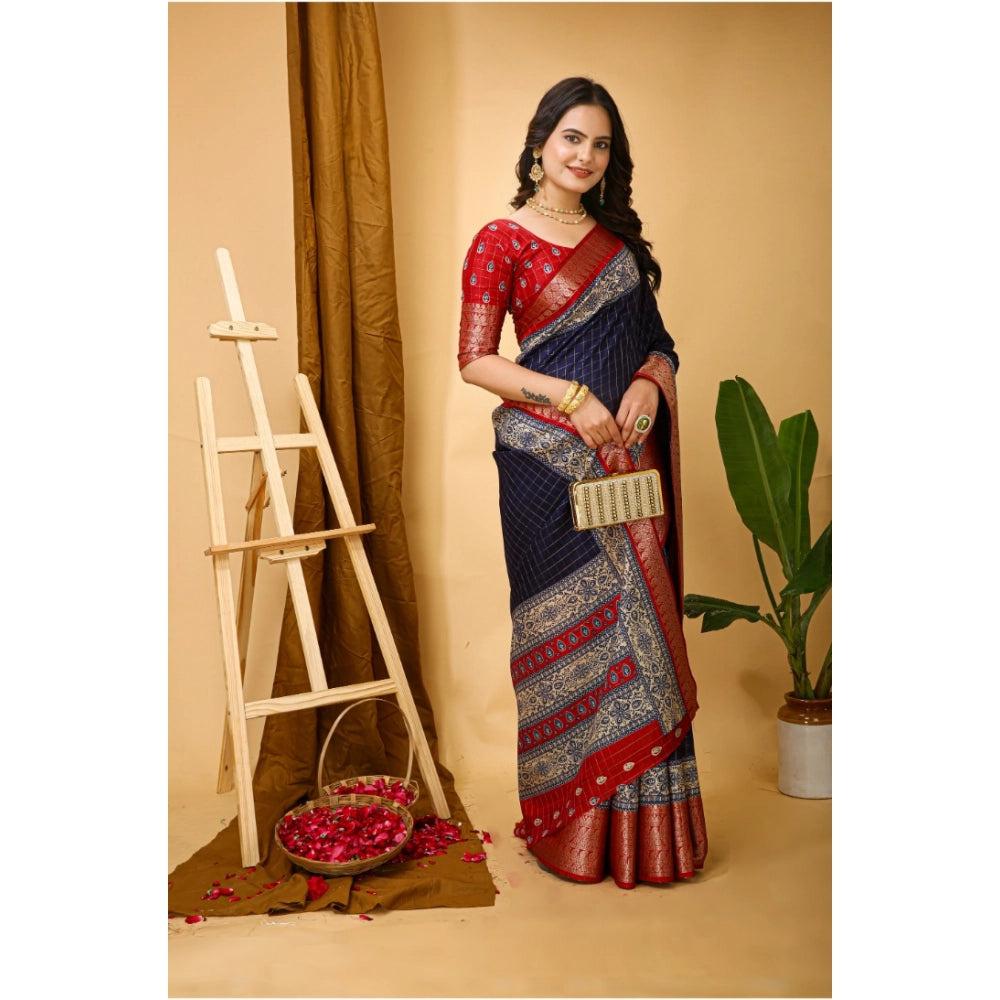 Amfyn Women's Soft Dola Cotton Kalamkari Printed Saree With Unstitched Blouse 5.5Mtr (Navy Blue)