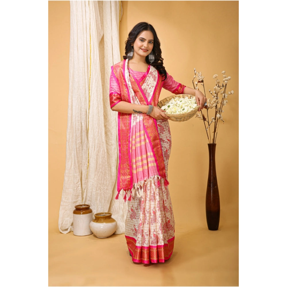 Amfyn Women's Soft Cotton Silk Printed Saree With Unstitched Blouse 5.5Mtr (Pink)