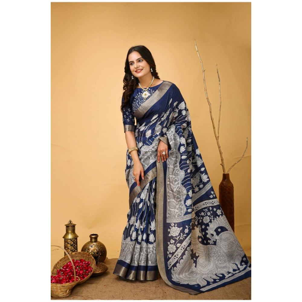Amfyn Women's Soft Handloom Cotton Kalamkari Printed Saree With Unstitched Blouse 5.5Mtr (Blue)