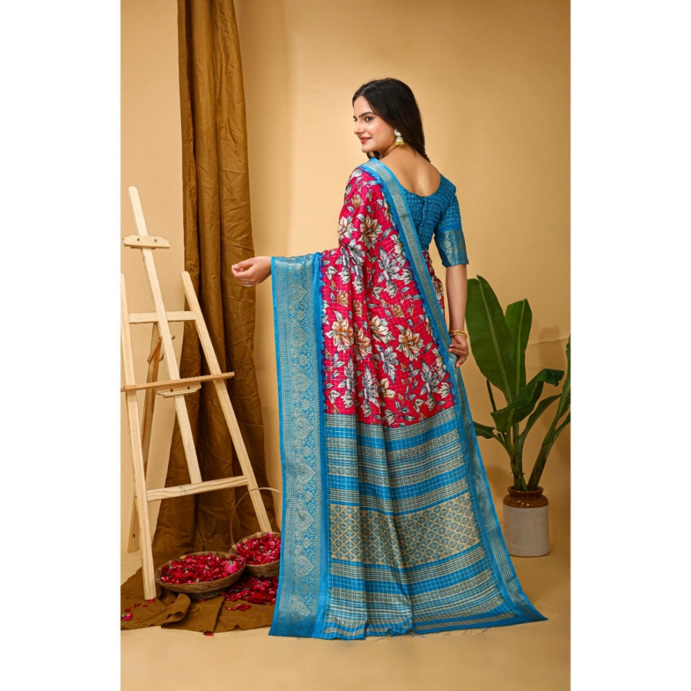 Amfyn Women's Soft Dola Cotton Kalamkari Printed Saree With Unstitched Blouse 5.5Mtr (Pink)