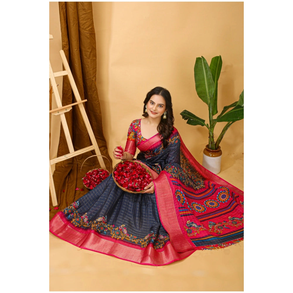 Amfyn Women's Soft Dola Cotton Kalamkari Printed Saree With Unstitched Blouse 5.5Mtr (Grey)