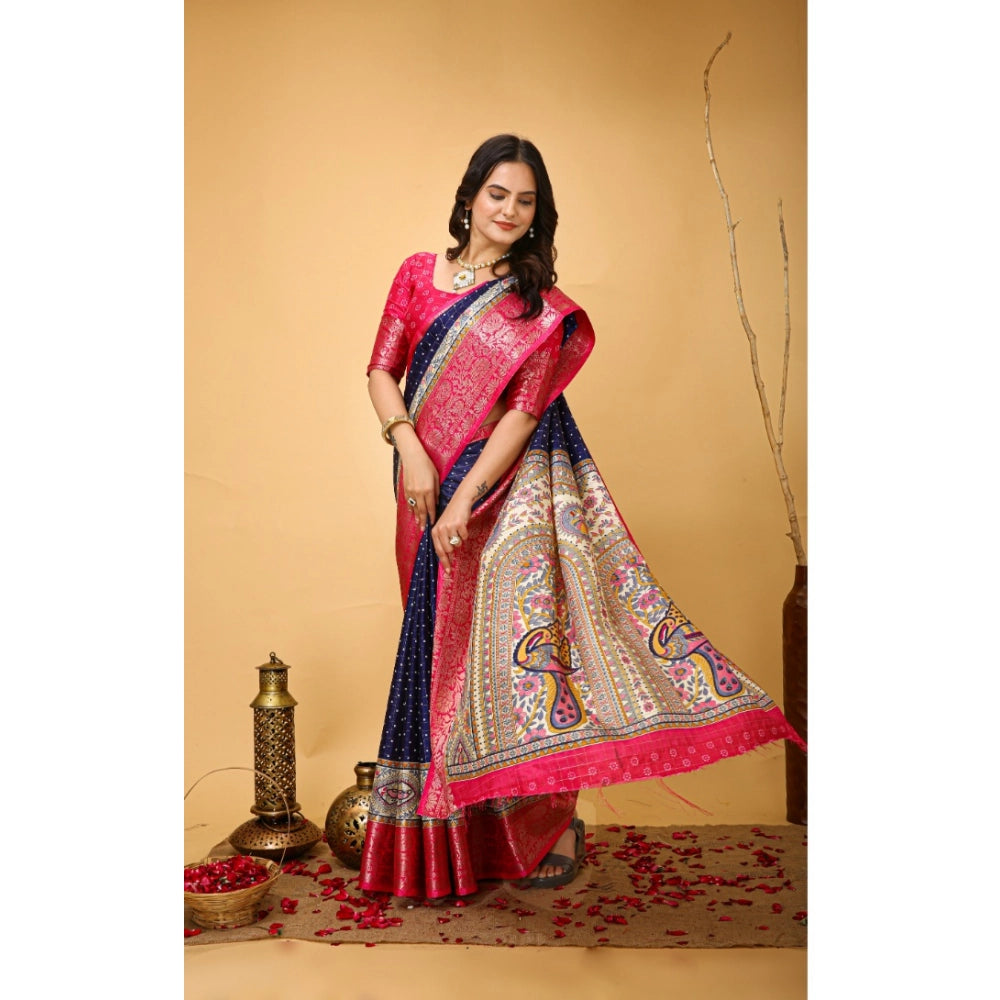 Amfyn Women's Soft Dola Cotton Kalamkari Printed Saree With Unstitched Blouse 5.5Mtr (Navy Blue)