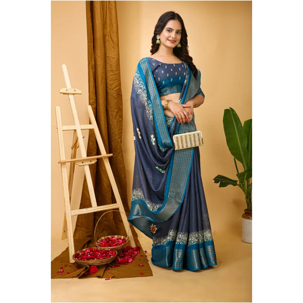 Amfyn Women's Soft Blooming Marshmallow Fabric Kalamkari Printed Saree With Unstitched Blouse 5.5Mtr (Grey)