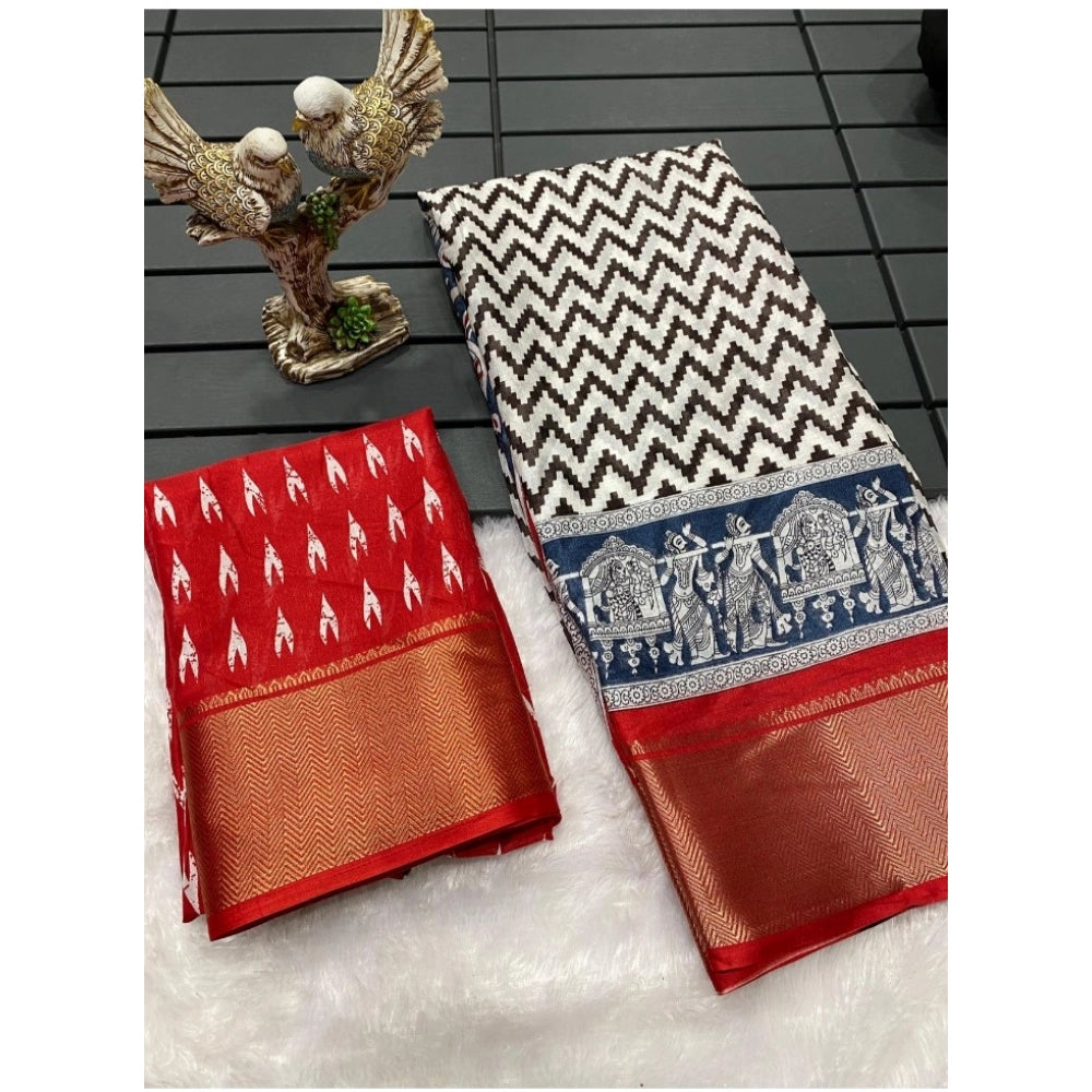 Amfyn Women's Soft Dola Cotton Kalamkari Printed Saree With Unstitched Blouse 5.5Mtr (Red)