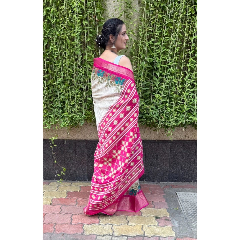 Amfyn Women's Soft Dola Cotton Kalamkari Printed Saree With Unstitched Blouse 5.5Mtr (White)