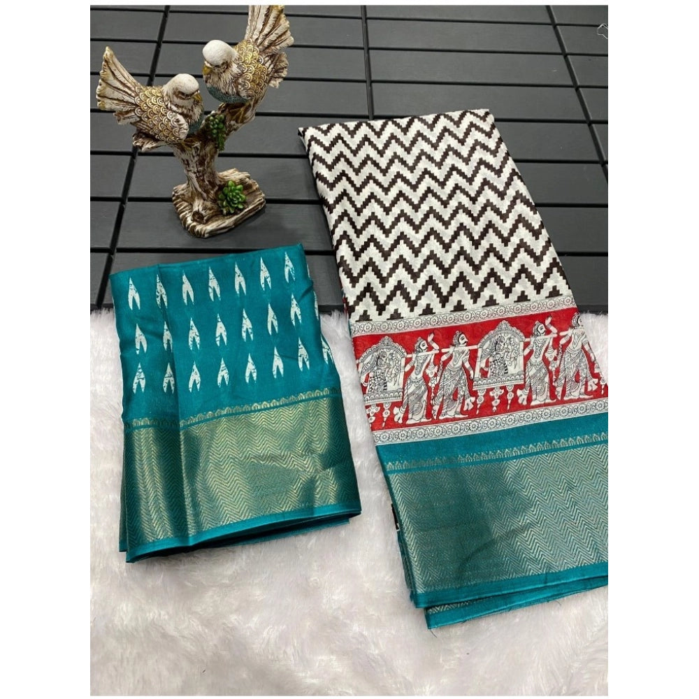 Amfyn Women's Soft Dola Cotton Kalamkari Printed Saree With Unstitched Blouse 5.5Mtr (Turquoise)