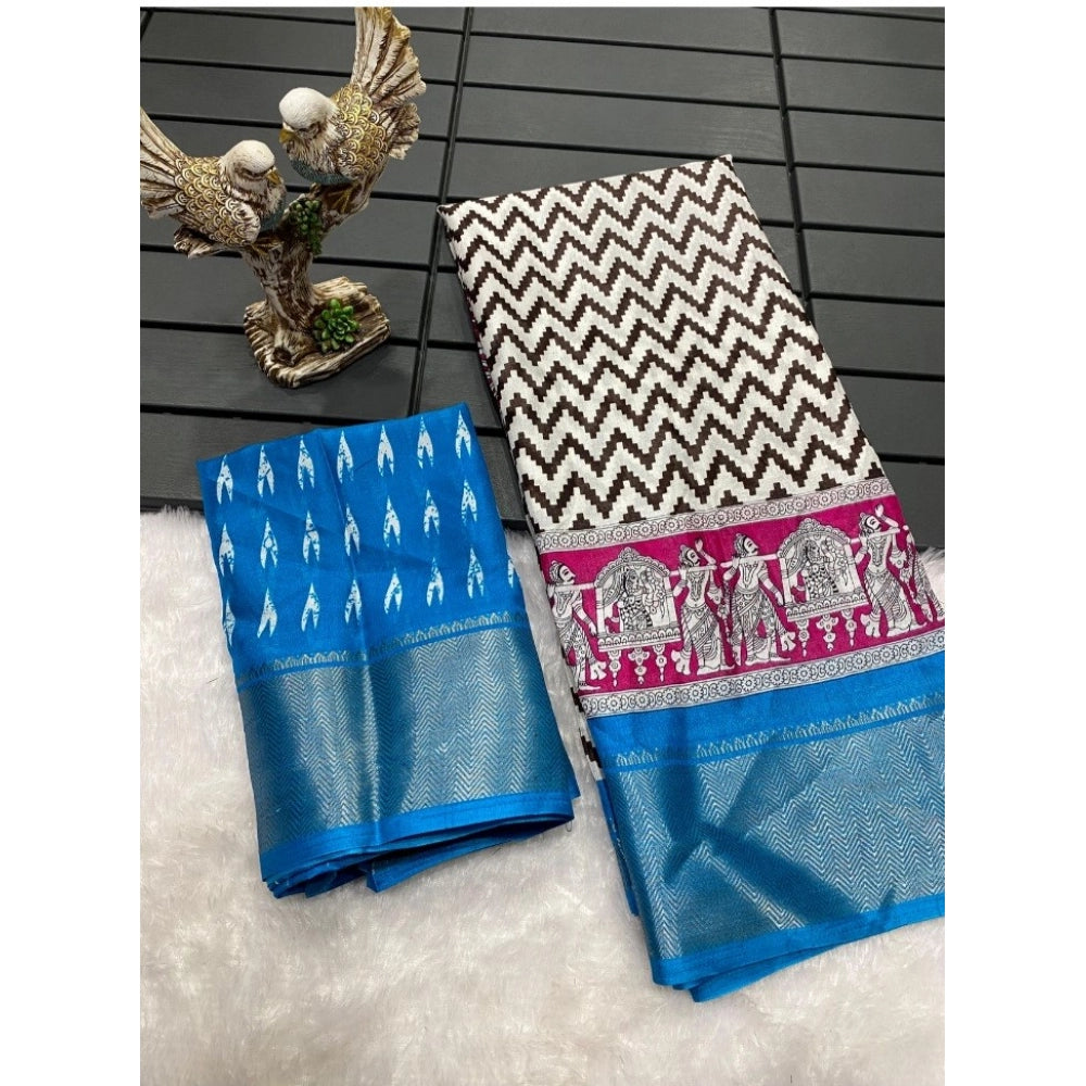 Amfyn Women's Soft Dola Cotton Kalamkari Printed Saree With Unstitched Blouse 5.5Mtr (Sky Blue)